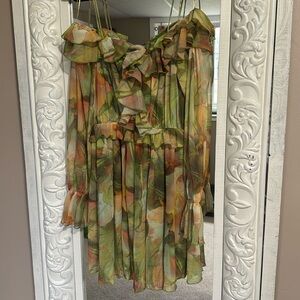 Zara green/orange off shoulder long sleeve ruffle dress, floral/abstract pattern